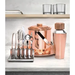 Barware Sets|Godinger Acacia Wood & Copper 9 Piece Bar Tool Set