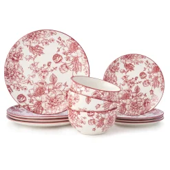 Everyday Dinnerware|Godinger Banbury Crimson Porcelain 12 Piece Dinnerware Set, Service For 4