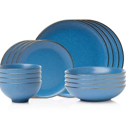 Fine Dinnerware|Godinger Beaumont Blue Stoneware Gold Rim 16 Piece Dinnerware Set, Service for 4