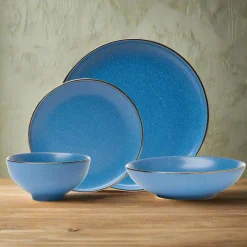 Fine Dinnerware|Godinger Beaumont Blue Stoneware Gold Rim 16 Piece Dinnerware Set, Service for 4