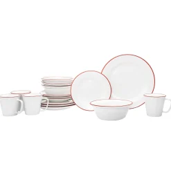 Everyday Dinnerware|Godinger Bistro Red Rim Porcelain 16 Piece Dinnerware Set, Service For 4