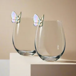 Stemless|Godinger Butterfly Iridescent Stemless Wine, Set of 2