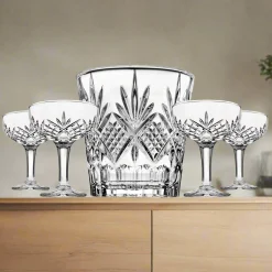 Ice Buckets|Wine & Champagne|Godinger Dublin Crystal 5 Piece Champagne Ice Bucket and Champagne Coupe Set
