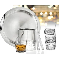 Barware Sets|Godinger Hammered Stainless Steel 7 Piece Bar Tool Set with Double Old Fashion Set