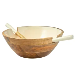 Serving Bowls|Godinger Huck Wood & Enamel Salad Bowl with Servers