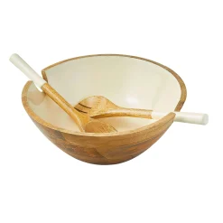 Serving Bowls|Godinger Huck Wood & Enamel Salad Bowl with Servers