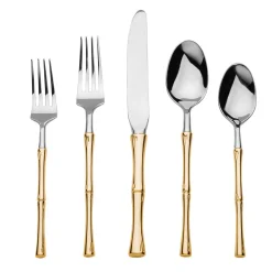Flatware Sets|Godinger Rattan Mirrored Accented Gold 18/10 Stainless Steel 20 Piece Flatware Set, Service For 4