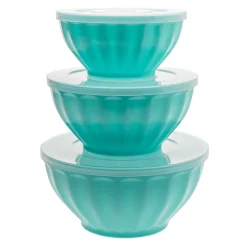 Kitchen Storage|Godinger Teal Fluted 3 Piece Storage Bowl Set