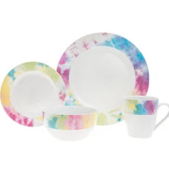 Everyday Dinnerware|Godinger Tie Dye Multicolor Porcelain 16 Piece Dinnerware Set, Service For 4